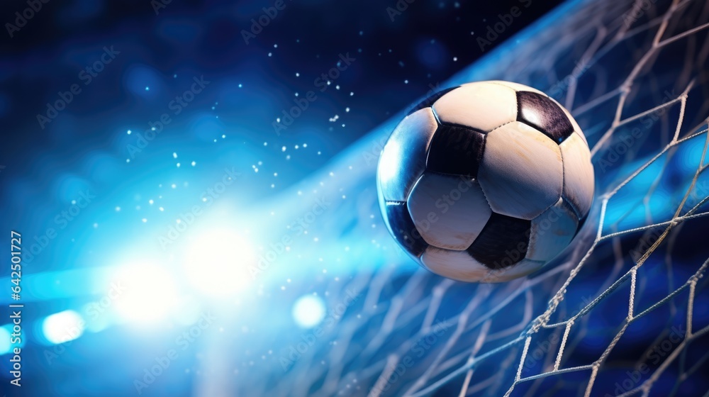 Fototapeta premium Soccer Ball Flies into Goal, Bending Net Against Flashing Lights on Blue Background