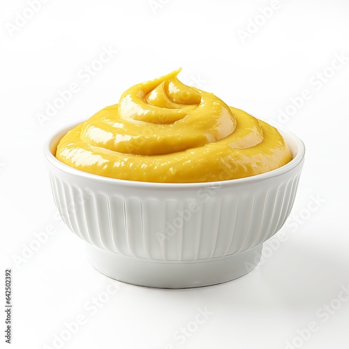 Mustard in white bowl, isolated on white background