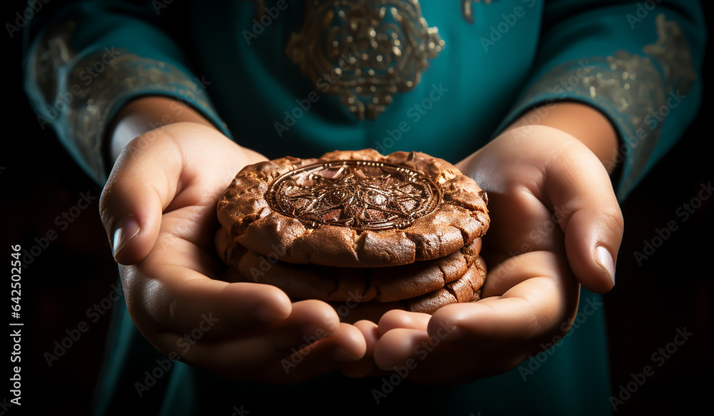 Hands offering chocolate chip cookies. AI generated Hands offering chocolate chip cookies. AI generated