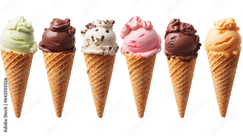 Ice cream scoop on waffle cone on transparent background cutout, PNG file. Many assorted different flavors. Mockup template for artwork design.