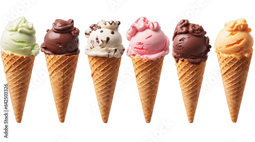 Ice cream scoop on waffle cone on transparent background cutout, PNG file. Many assorted different flavors. Mockup template for artwork design.