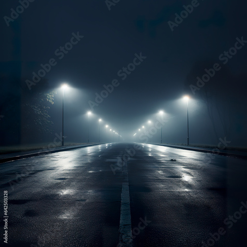 Dark and empty road in spooky fog. Road at night dimly lit with a hymnical and disturbing air. Fog on ghostly road.