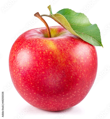 Red apple with green leaf on white background.