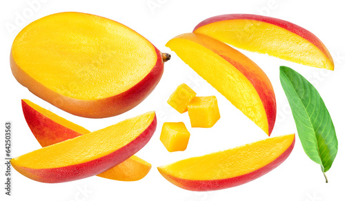Set of different mango slices on white background. File contains clipping paths.