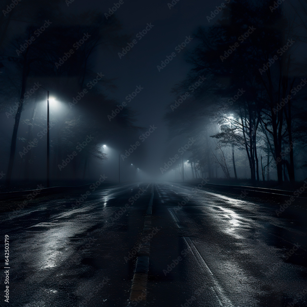 Dark and empty road in spooky fog. Road at night dimly lit with a hymnical and disturbing air. Fog on ghostly road.