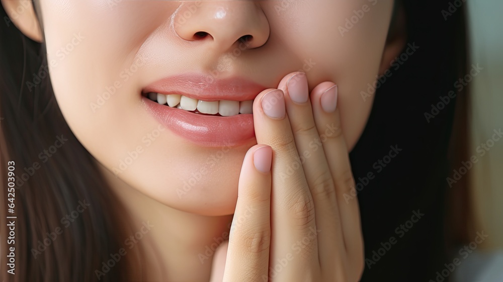 Obraz premium feel toothache from gingivitis, female suffer tooth, decay problems, dental care. sensitive tooth, decay problem, bad breath, Gingival Recession, Oral Hygiene instruction