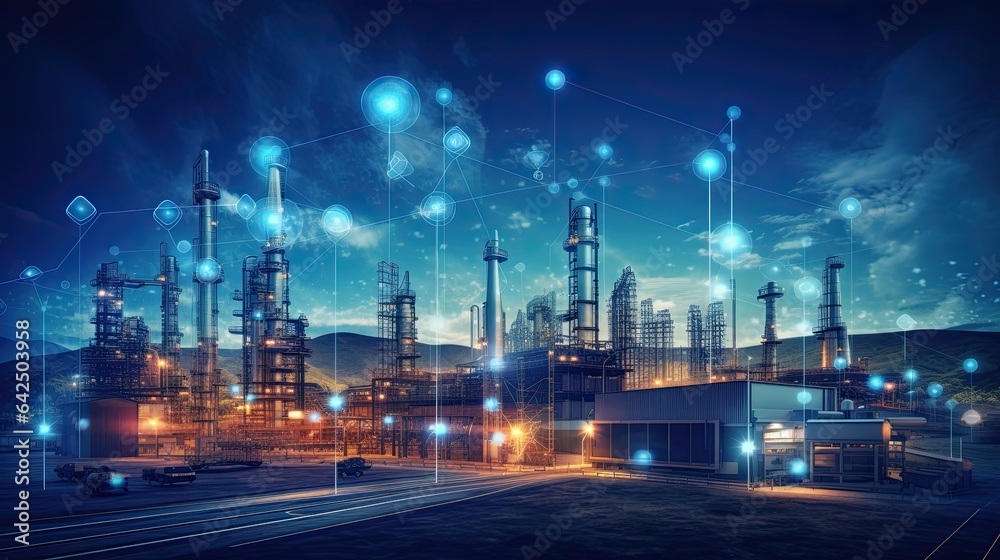 Modern factory, communication network. Telecommunication. IoT, Internet of Things, ICT, Information communication Technology,. Smart factory. Digital transformation, cloud connecting, generate by AI - obrazy, fototapety, plakaty 