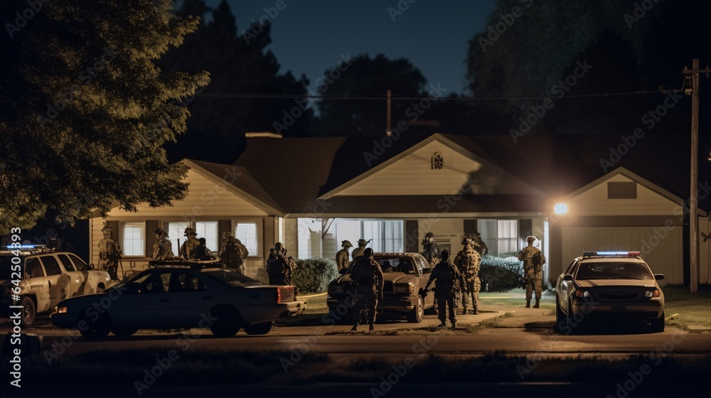 SWAT Team Surrounds Suburban Ranch House at Night, generative AI