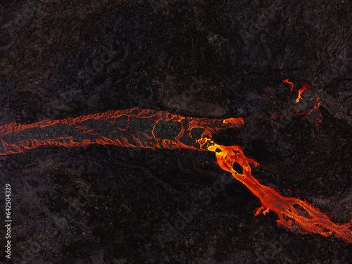 Aerial view from drone of volcano on Iceland and lava river eruption crater
