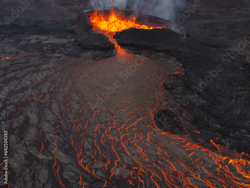 Aerial view from drone of volcano on Iceland and lava river eruption crater © Zbigniew Wu