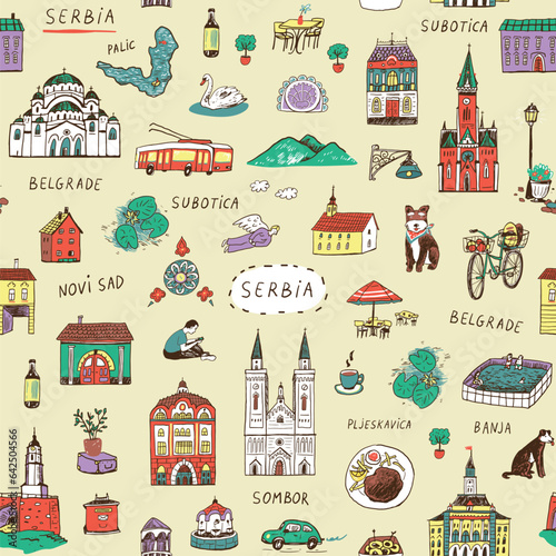 Travel Serbia landmarks vector illustrations doodle seamless pattern.