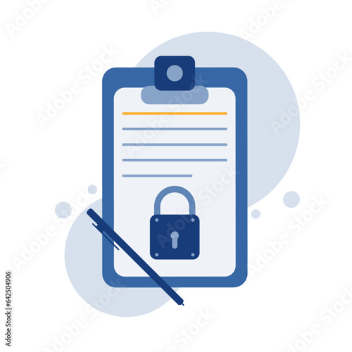 Protection of paper documents with a padlock. Digital smart contract. Vector illustration on white background.
