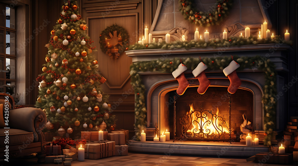 fireplace with christmas decorations and Christmas Tree in a living room with stockings and candles on the fireplace Christmas Background