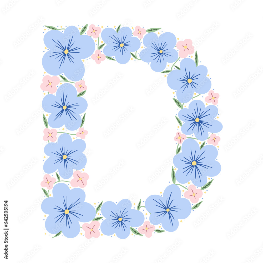 Floral botanical alphabet. Vintage hand drawn letter D. Letter with plants and flowers. Vector lettering isolated on white