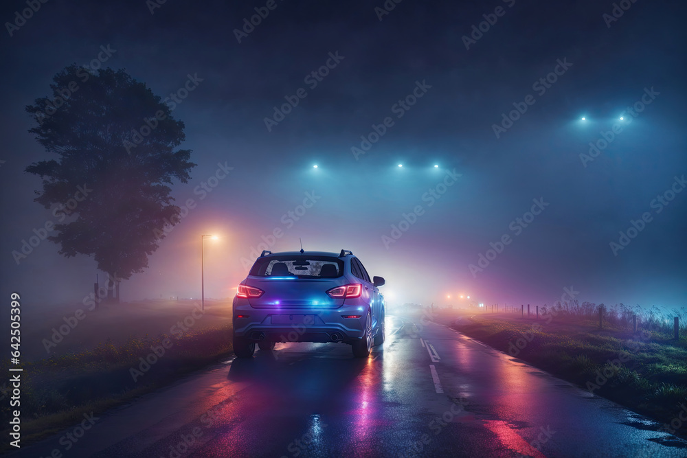 Car driving on road at night in fog landscape view. ai generative