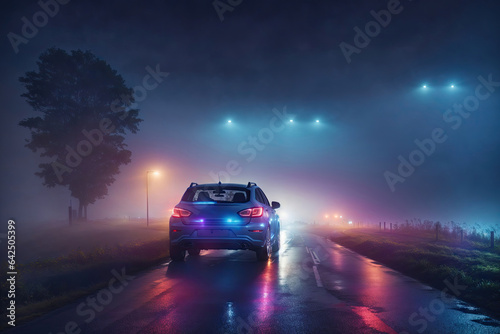 Car driving on road at night in fog landscape view. ai generative
