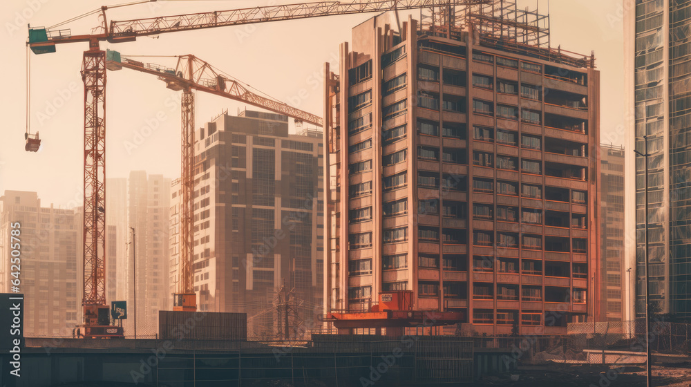 Fototapeta premium Construction of new residential high-rise buildings. Against the background of a yellow sunset sky.