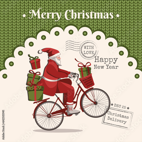 Santa on a Bicycle. Knitted green background. Vector illustration