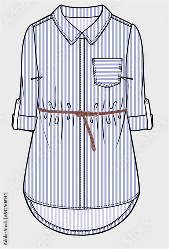STRIPER SHIRT DRESS WITH BELT DETAIL FOR KID GIRLS AND TEEN GIRLS EDITABLE VECTOR ILLUSTRATION