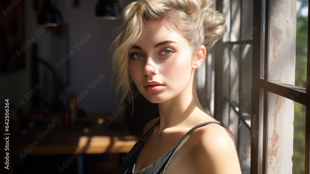 Portrait d'une femme blonde aux yeux bleus à côté d'une fenêtre. Lumières et ombres naturelle, intérieur. Portrait d'une femme blonde aux yeux bleus à côté d'une fenêtre. Lumières et ombres naturelle, intérieur.