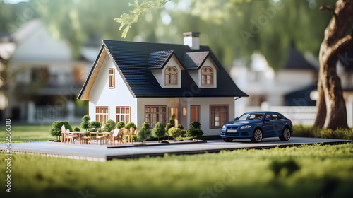 there is a small model of a house with a car parked in front of it Generative AI