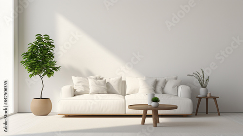 Intérieur design d'une maison modern avec lumières et ombres de la fenêtre. Plante, table et un canapé blanc.
