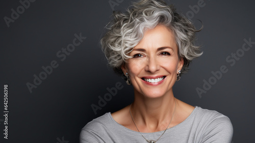 Portrait d'une femme âgée, souriante, fond gris.