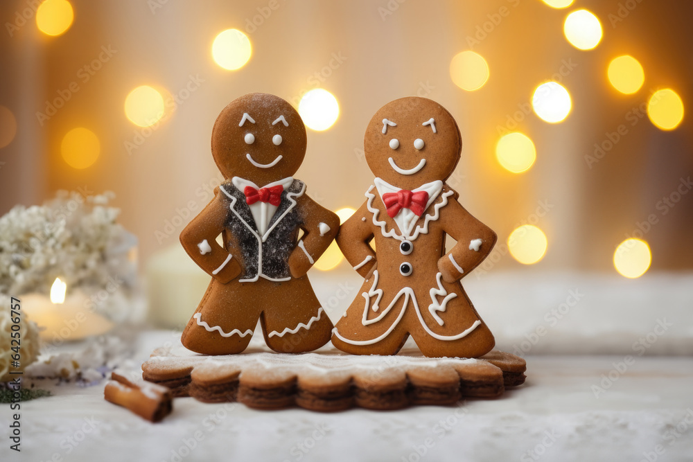 Glazed gingerbread cookie couple with holiday lights in background. Christmas wedding decoration. Tradicional homemade sweets Glazed gingerbread cookie couple with holiday lights in background. Christmas wedding decoration. Tradicional homemade sweets