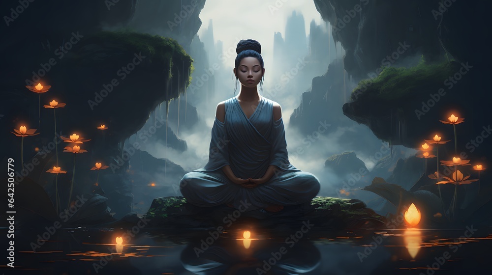 une femme médite dans une grotte, généré par IA