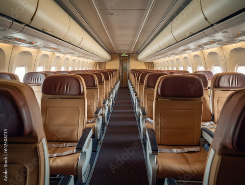 Commercial aircraft cabin with rows of empty passenger seat