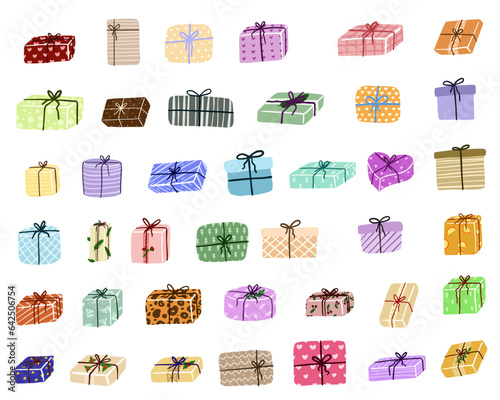 Gift box cartoon set icon. Christmas gifts, New Year presents. Holiday presents wrapped in festive paper wrapping, decorated with ribbon bows, strings and twines.