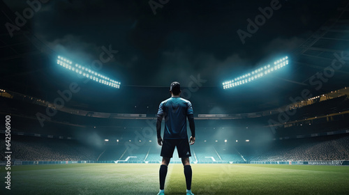 Soccer's Grand Stage: A Night at the Stadium, Young Player Ready on Field, Spotlight on, Anticipation for Kickoff.