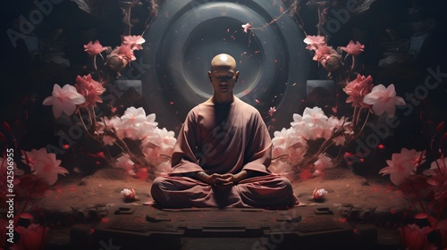 un homme en méditation au milieu des fleurs, généré par IA