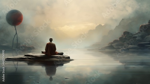 un homme médite sur un rocher au milieu d'un lac, généré par IA