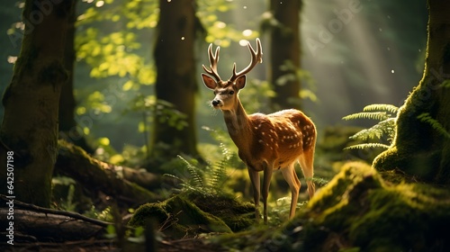Deer standing in front of Trees in a green Forest. Sunlight falling through the Leaves. © Florian