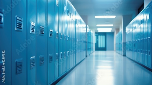 Row of Light Blue Lockers Line a High School Hallway, Offering Storage and Adding a Splash of Color
