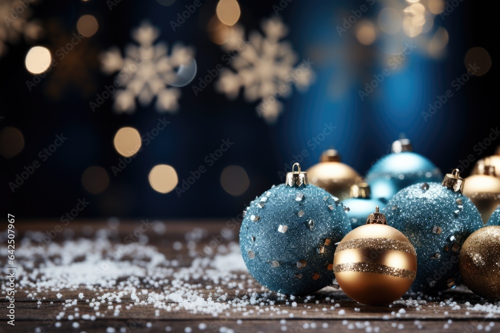 Christmas and New Year decoration with copy space. Christmas balls and baubles on blurred background Christmas and New Year decoration with copy space. Christmas balls and baubles on blurred background