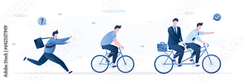 Business competition. Advantage, concept. Businessmen ride dual bike and wins using technological advantage. Winner and losers businesspeople. Office Relationships, teamwork