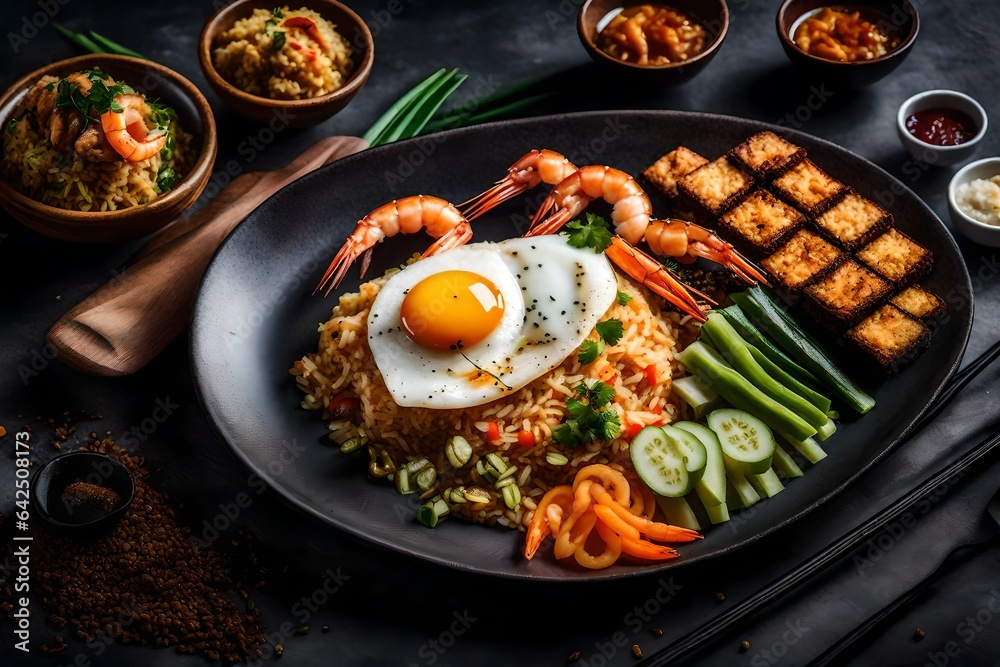 chicken and vegetables rice with fried egg