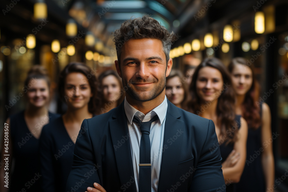 Ai Generative group of happy business man and business women, dressed in suits are smiling, in the office Ai Generative group of happy business man and business women, dressed in suits are smiling, in the office