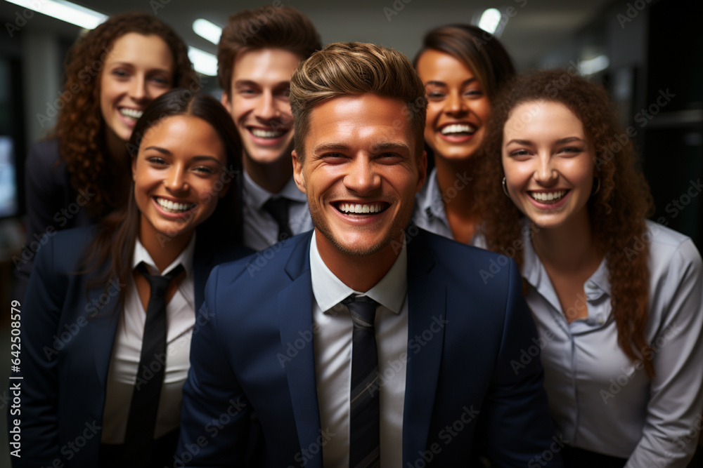 Ai Generative group of happy business man and business women, dressed in suits are smiling, in the office Ai Generative group of happy business man and business women, dressed in suits are smiling, in the office