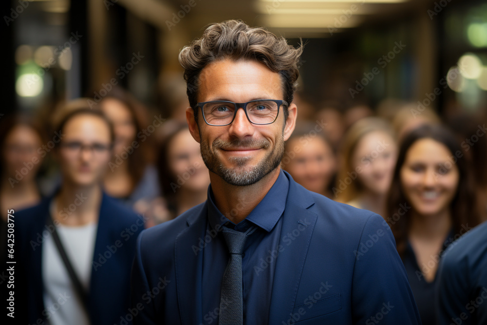 Ai Generative group of happy business man and business women, dressed in suits are smiling, in the office Ai Generative group of happy business man and business women, dressed in suits are smiling, in the office