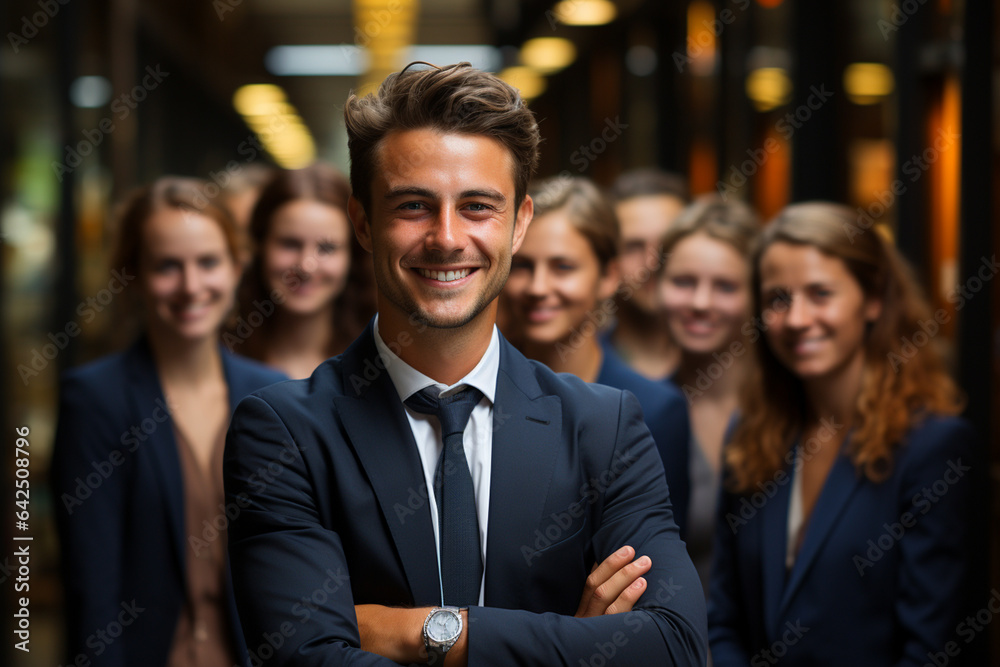 Ai Generative group of happy business man and business women, dressed in suits are smiling, in the office