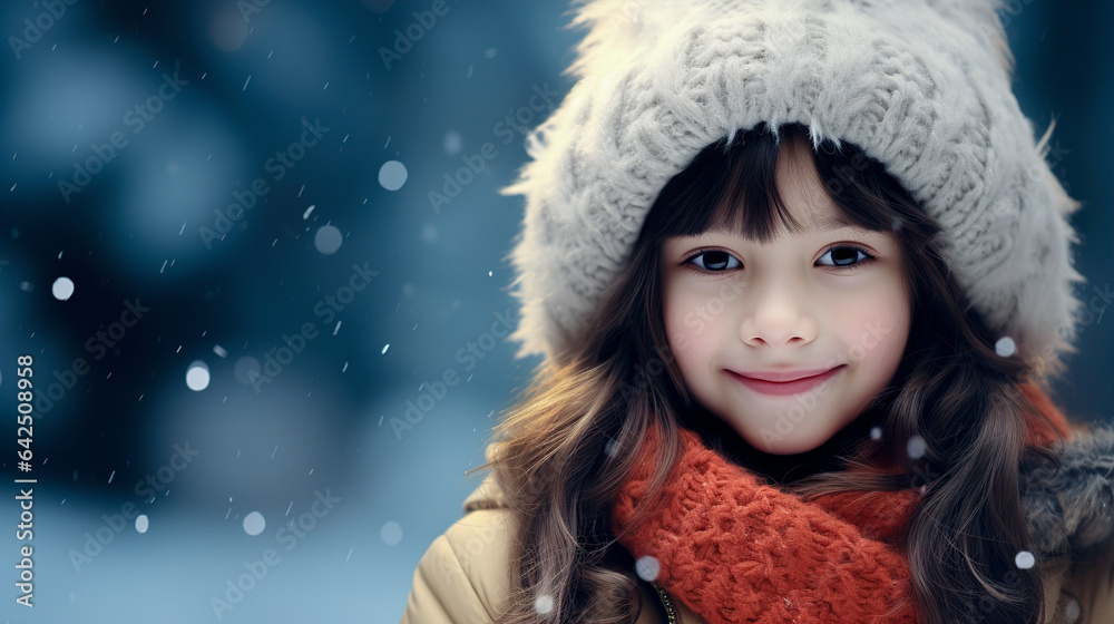Cute girl in a winter hat on a winter background with bokeh and copyspace Cute girl in a winter hat on a winter background with bokeh and copyspace