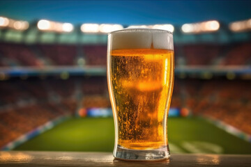 Glass of fresh and cold beer on soccer football stadium background