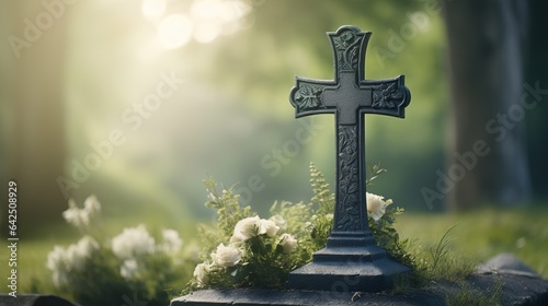 Fényképezés Stone cross tombstone in the cemetery