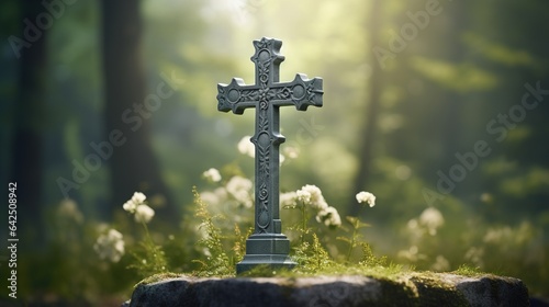 Fotografia, Obraz Stone cross tombstone in the cemetery