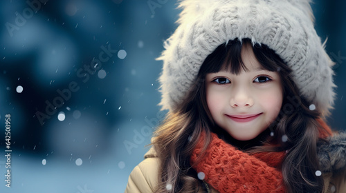 Cute girl in a winter hat on a winter background with bokeh and copyspace
