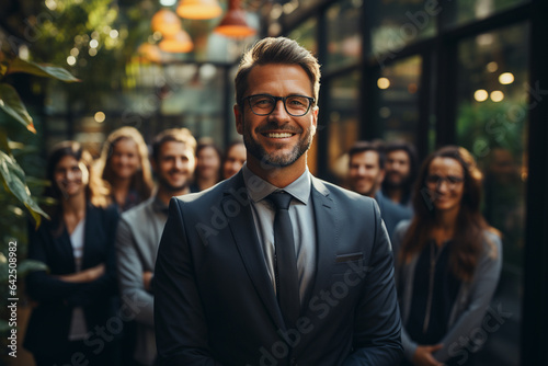 Ai Generative group of happy business man and business women, dressed in suits are smiling, in the office