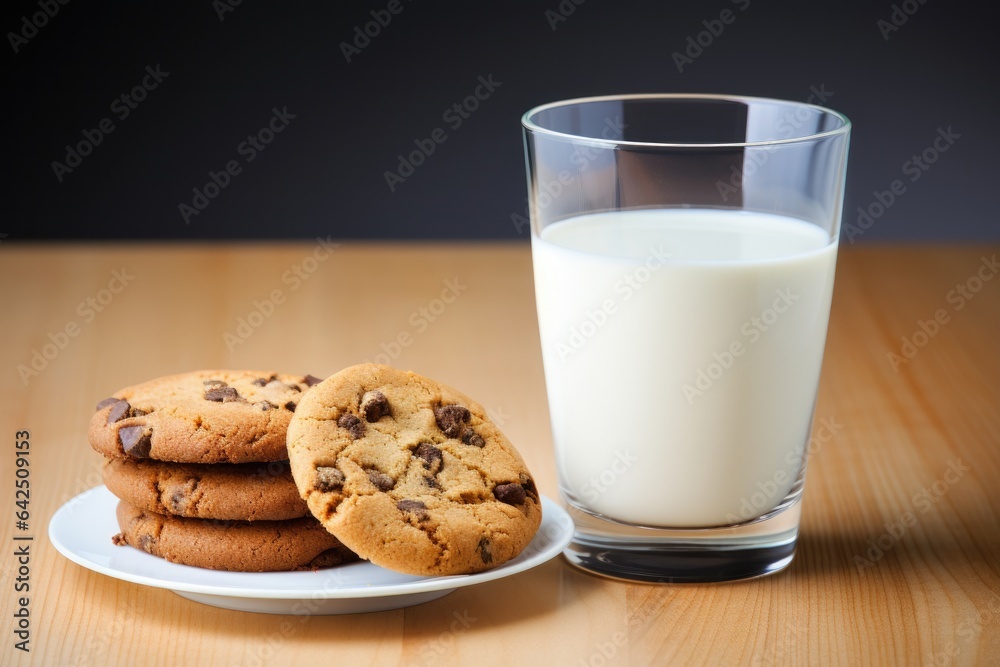 Glass of milk and chocolate chip cookies on a wooden table Glass of milk and chocolate chip cookies on a wooden table
